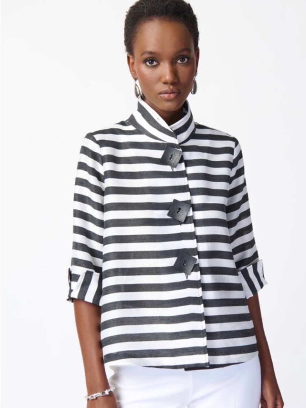 Joseph Ribkoff Black & White Striped Stand-Collar Jacket